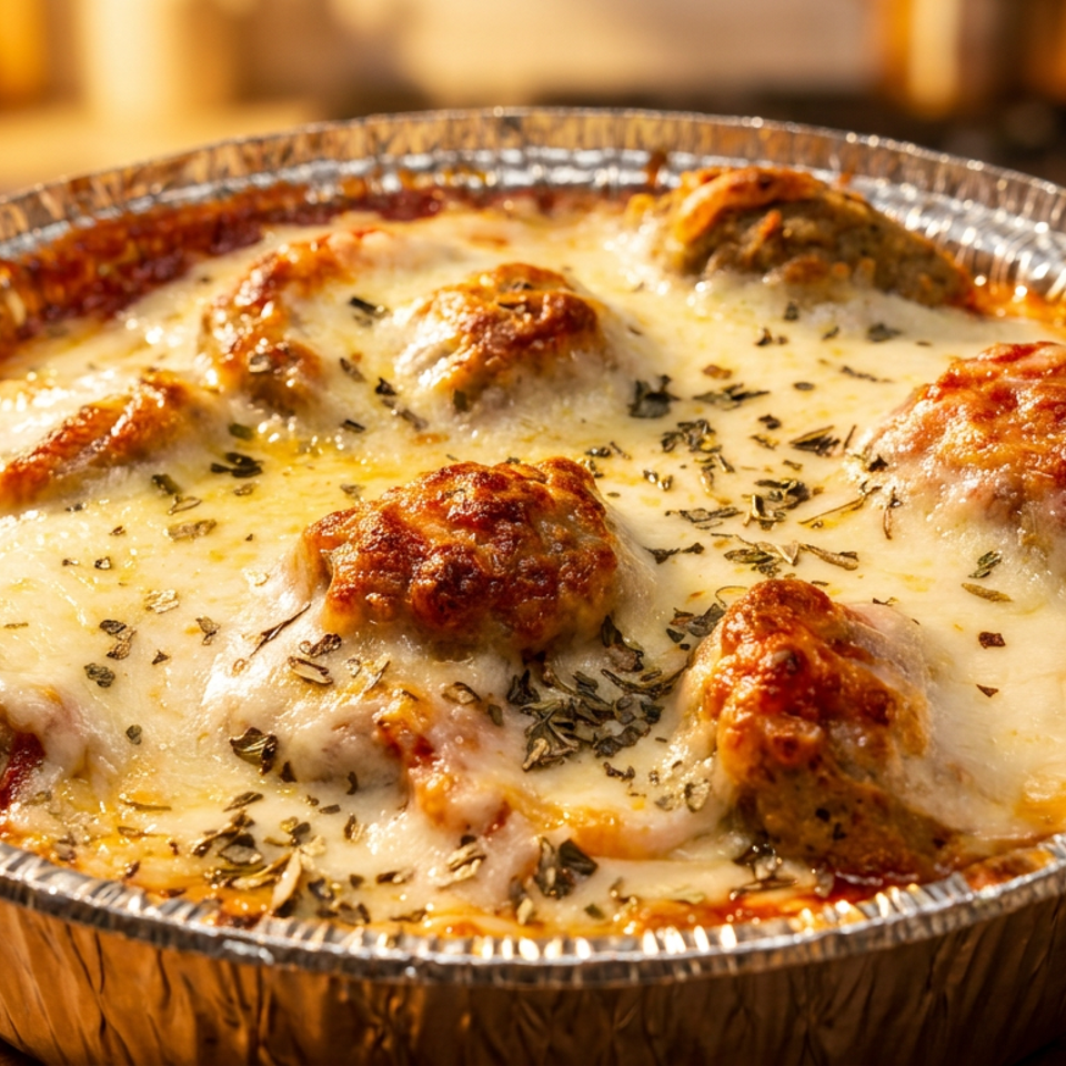 Baked meatballs covered in melted cheese, tomato sauce, and herbs in a foil baking dish on a wooden table.