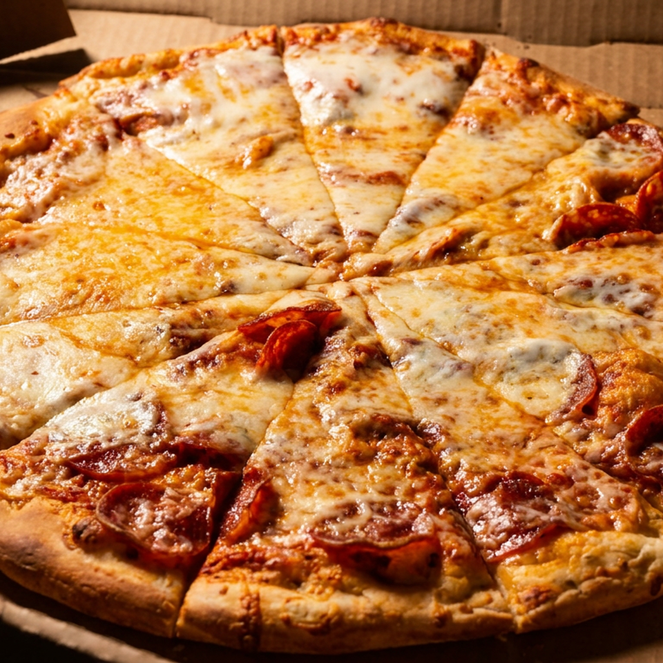 Large cheese and pepperoni pizza cut into slices inside an open cardboard delivery box.