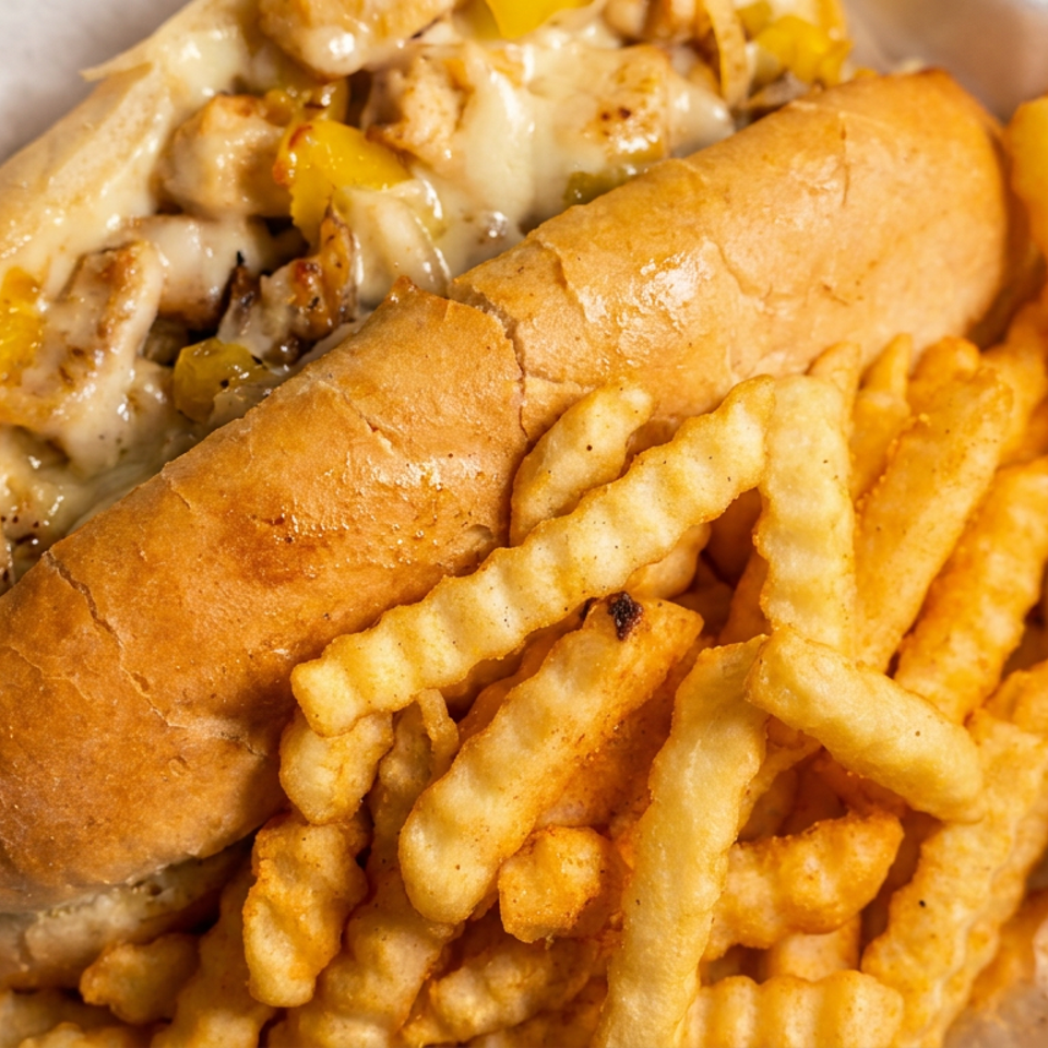 Toasted chicken cheesesteak sandwich with melted cheese and peppers served alongside a pile of crinkle-cut fries.
