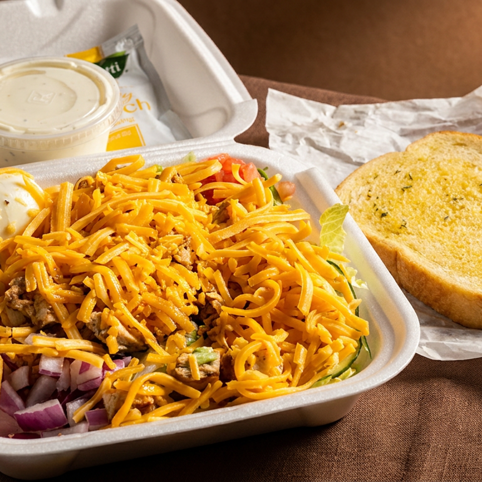 Takeout container filled with cheesy taco salad, vegetables, and meat, alongside garlic bread and a cup of creamy dressing.