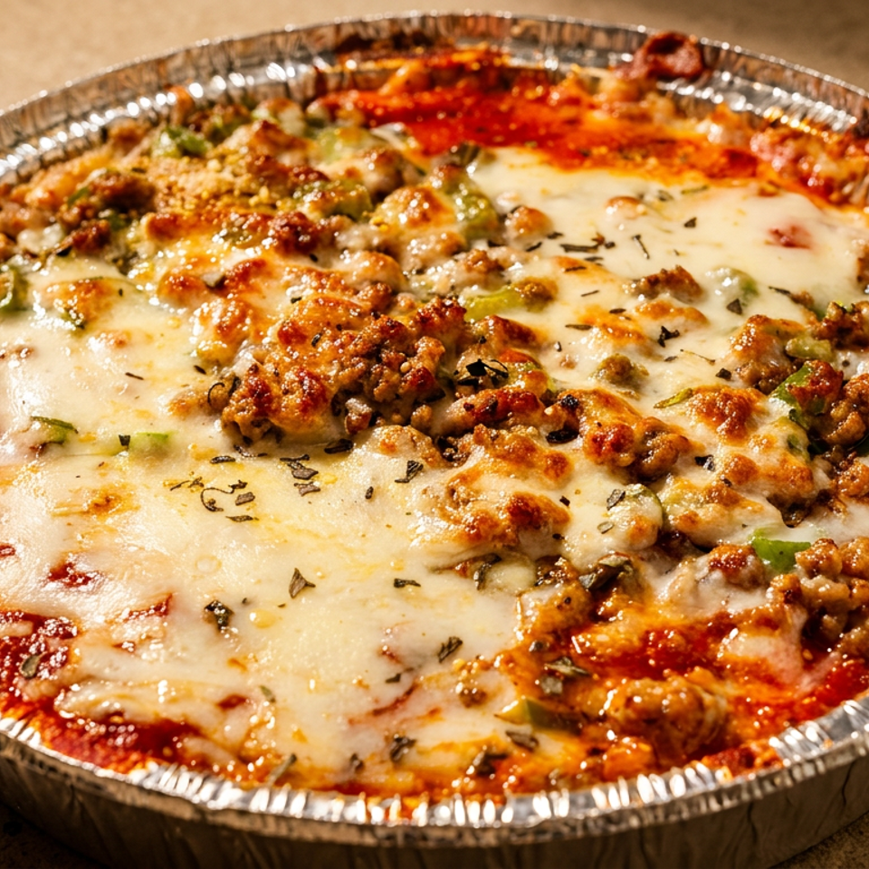 Cheesy baked pasta with tomato sauce, seasoned ground meat, and green peppers in a disposable foil tray.