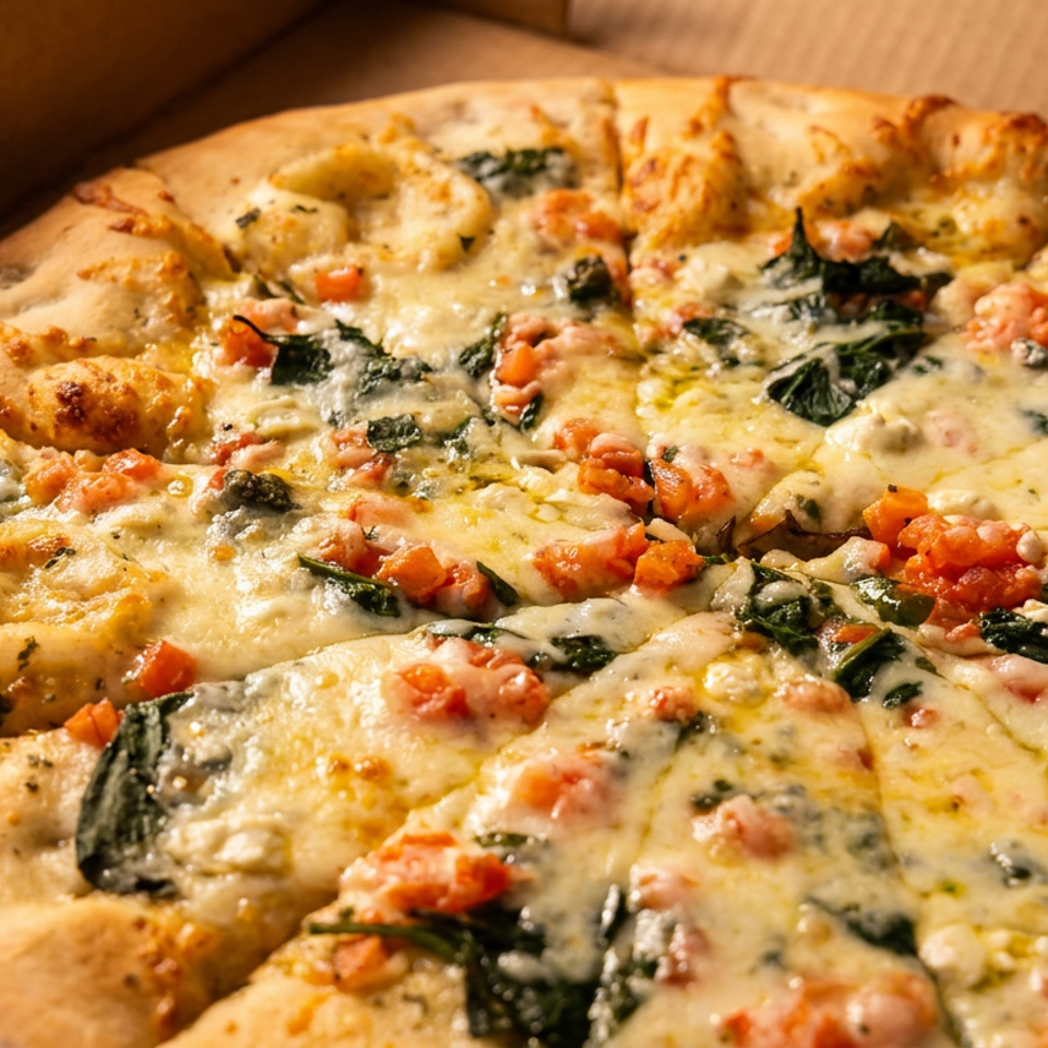 Close-up of a cheesy rectangular pizza topped with tomatoes, leafy greens, and herbs in a cardboard box.