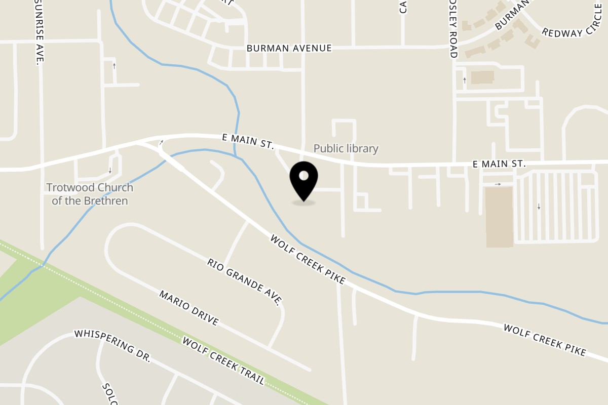 Map showing the location of New York Pizzeria Restaurant on 498 E Main St in Trotwood